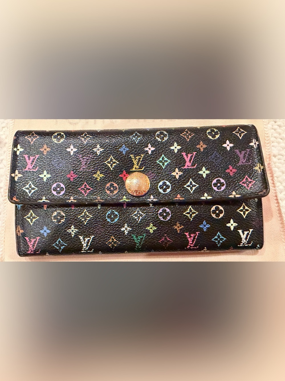 Louis Vuitton x Takashi Murakami Multicolore Black Sarah Wallet Lot + LV Receipt
